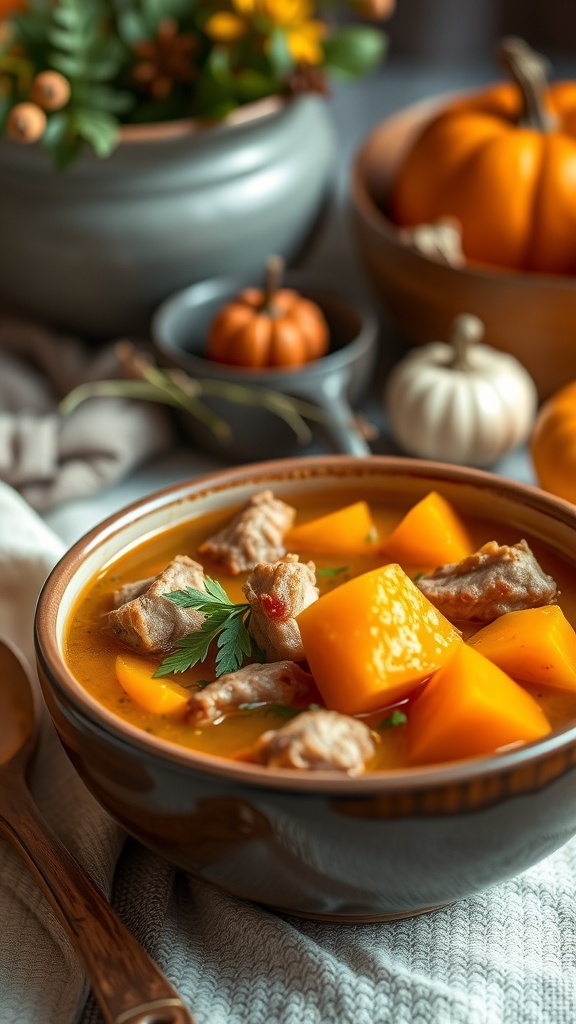 Pumpkin and Rabbit Stew with Witch Sheep Seasoning A hearty bowl of pumpkin and rabbit stew garnished with parsley, on a rustic table with a wooden spoon.